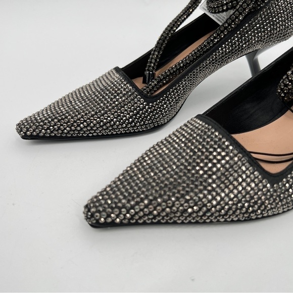 ZARA NEW GEM RHINESTONE BLACK GRAY SILVER POINTED BOW TIE ANKLE KITTEN HEELS 6 - Picture 10 of 11